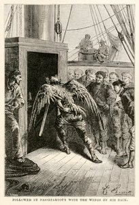 Följt av Passepartout med vingarna på ryggen, från Jorden runt på åttio dagar av Jules Verne (1828-1905), graverad av Adolphe François Pannemaker (1822-1900), 1873 av Hippolyte Leon after Benett