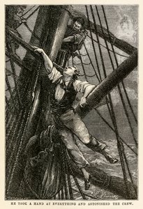 Han tog hand om allt och förvånade besättningen, från Jorden runt på åttio dagar av Jules Verne (1828-1905) graverad av Henri-Théophile Hildebrand (1824-97), 1873 av Hippolyte Leon after Benett