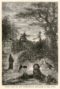Natten kom och Passepartout återvände till staden, från Around the World in Eighty Days av Jules Verne (1828-1905), graverad av Louis Prevost, 1873 av Hippolyte Leon after Benett