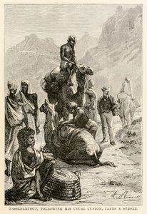 Passepartout tar, enligt sin vanliga sed, en promenad, från Jorden runt på åttio dagar av Jules Verne (1828-1905), graverad av Adolphe François Pannemaker (1822-1900), 1873