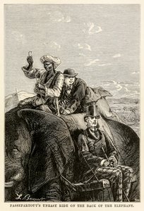 Passepartouts rider obehagligt på elefantens rygg, från Jorden runt på åttio dagar av Jules Verne (1828-1905) graverad av Adolphe François Pannemaker (1822-1900) 1873