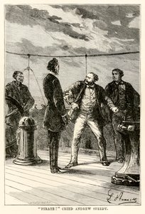 Pirat! ropade Andrew Speedy., från Around the World in Eighty Days av Jules Verne (1828-1905) graverad av Louis Dumont (f.1822) 1873