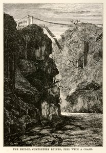 Bron, helt förstörd, föll med en krasch, från Around the World in Eighty Days av Jules Verne (1828-1905) graverad av Louis, 1873
