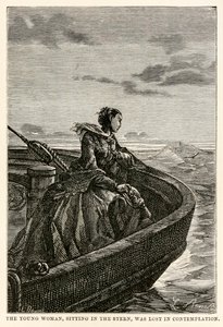 Den unga kvinnan, som satt i aktern, förlorades i kontemplation, från Jorden runt på åttio dagar av Jules Verne (1828-1905), graverad av Jean Louis Prevost, (1790-1850), 1873