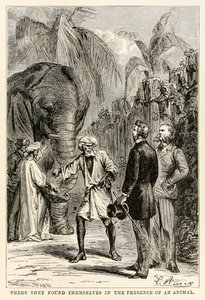 Där befann de sig i närvaro av ett djur, från Jorden runt på åttio dagar av Jules Verne (1828-1905), graverad av Adolphe François Pannemaker (1822-1900), 1873 av Hippolyte Leon after Benett