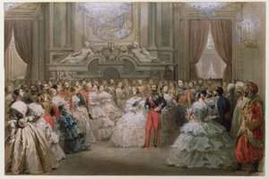 Drottning Victoria (1819-1901) och prins Albert (1819-61) vid en galamiddag anordnad av Napoleon III och Eugenie, 1853 (wc på papper)