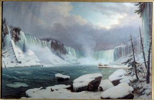 Den stora Niagara-starr, vintereffekt. Utsikt över Niagarafallen. Målning av Hippolyte Victor Valentin Sebron (1801-1879)