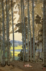 Höns i bambuträ (träblock i färg) av Hiroshi Yoshida
