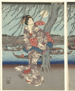 Kända platser i den östra huvudstaden: Njut av en kvällsbris vid Ryogoku-bron av Hiroshige (I) , Utagawa