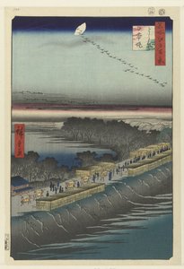 Utsikt över Nihonvallen vid Yoshiwara Yoshiwara Nihonzutsumi (titel på objekt) Hundra kända vyer av Edo (serietitel) Meisho Edo hyakkei (serietitel på objekt) av Hiroshige (I) , Utagawa