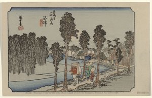 Namazu Nr 13: Namazu: en av de femtiotre uppmärksammade platserna på Tokaido. Målad av Hiroshige (titel på objekt) De Tôkaidô van Hiroshige (serietitel) Hiroshige no fude Tôkaidô (serietitel på objekt) av Hiroshige (I) , Utagawa