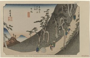 Nissaka Nr 26. Nissaka: en av de femtiotre uppmärksammade platserna på Tokaido, målad av Hiroshige (titel på objektet) De Tôkaidô van Hiroshige (serietitel) Hiroshige no fude Tôkaidô (serietitel på objekt)