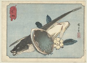 Plattfisk, abalone och bär Kochi awabi (titel på objekt) av Hiroshige (I) , Utagawa