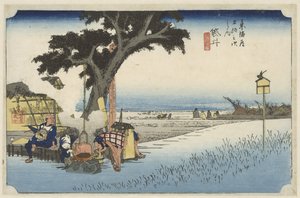 Theehuis in de buitenlucht i Fukuroi Fukuroi, dechaya no zu (titel på objekt) De 53 stations van de Tokaido (serietitel) Tokaido gojusan tsugi no uchi (serietitel) av Hiroshige (I) , Utagawa