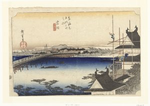 Yoshida, de brug över Toyo River Yoshida, Toyokawabashi (titel på objekt) De 53 stations van de Tokaido (serietitel) Tokaido gojusan tsugi no uchi (serietitel på objekt) av Hiroshige (I) , Utagawa