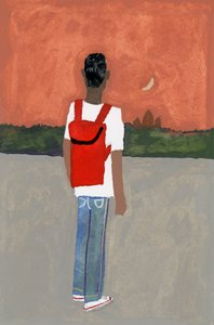 En resenär som bär en röd ryggsäck, 2016, av Hiroyuki Izutsu