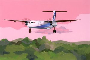 Flygplan som landar på ett litet flygfält, 2015 (gouache på papper) av Hiroyuki Izutsu