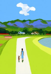 Blue Mountains och kvinnan som går med hunden av Hiroyuki Izutsu