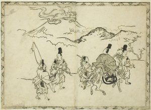 Narihiras resa österut, från den illustrerade boken "Panorama över målningar på skärmar och hängande rullar (Byobu kakemono ekagami)" av Hishikawa Moronobu