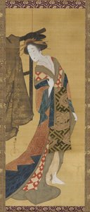 En kurtisan som står nära ett klädställ, Edo-period, tidigt 1800-tal.