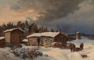 Vinterlandskap med bondgård i Häme av Hjalmar Munsterhjelm