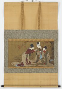 Tre shirabyoshi-drickande sake upphettades över en eld av höstlöv, Edo-perioden, 1800-1850. av Hokuga