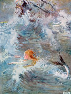 She Dived Deep Down Under the Water, Rising Again Between the Waves, från "Den lilla sjöjungfrun" i en upplaga av "Sagohistorier" av Hans Christian Andersen (1805-75) 1920 (akvarell på papper)