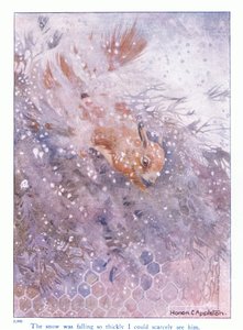 Snön föll så tjockt att jag knappt kunde se honom, illustration från "More About the Squirrels" av Eleanor Tyrell, ca 1915 (färg litho) av Honor Charlotte Appleton