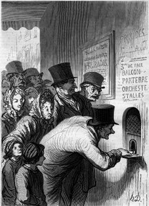 Ett teaterfönster. Tecknad av Honore Daumier (1808-1879). Gravyr i "" Le Monde Illustré"" nr 269 av 7 juni 1862. av Honoré Daumier