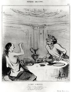 Forntida historia: Anacreons död, karikatyr för att illustrera ett utdrag ur Jacques-Benigne (Jacques Benigne) Bossuets badineverk (1627-1704): "Mellan ost och päron, denna sångare av älskar folatrait efter att ha druckit, När en olycklig pepepei av Honoré Daumier