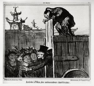 Anlände till Peking av amerikanska ambassadörer. I serien In China, illustration av Honore Daumier (1808-1879), publicerad i "" Charivari"", daterad 13 oktober av Honoré Daumier