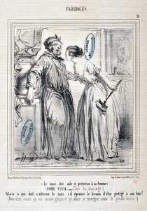 Konstverk av Honore Daumier (1808-1879) Charivari: Serie FARIBOLES Le mari doit aide et protection a sa femme (Civil Code - Title du mariage) "" -Men vem måste vända sig till mannen om han känner att han behöver skyddas i sin tur? (Anteckning av en artist  av Honoré Daumier