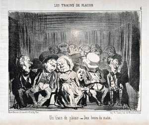 Konstverk av Honore Daumier (1808-1879) Charivari är från 1852: Serie LES TRAINS DE PLAISIR -Ett nöjeståg. – Klockan två på morgonen. MUSEET FÖR FINA KONST - PALACE LONGCHAMP, MARSEILLE av Honoré Daumier