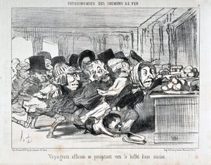 Konstverk av Honore Daumier (1808-1879) Charivari är från 1852: Serie PHYONOMIES DES CHAIN ​​​​DE FERR Hungriga resenärer rusar till buffén på en station MUSEE DES BEAUX ARTS - PALAIS LONGCHAMP, MARSEILLE av Honoré Daumier