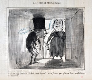 Konstverk av Honore Daumier (1808-1879) Charivari är från 1854: Serie TENNIQUES AND OWNERS "Ca!... en lägenhet på åttahundra franc!... men jag kommer att använda mer än tolvhundra franc i hattar" MUSEE DES BEAUX ARTS - PALAIS LONGCHAMP, MARSEILLE av Honoré Daumier