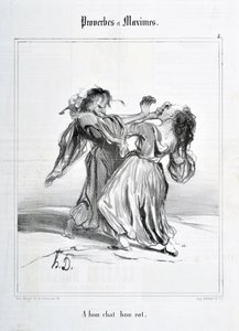 Konstverk av Honore Daumier (1808-1879). Charivari är från 1840: serien ORDSPRÅK OCH MAXIM "A bon cat bon rat"" KONSTMUSEET - PALAIS LONGCHAMP, MARSEILLE av Honoré Daumier