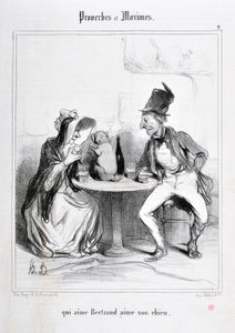 Konstverk av Honore Daumier (1808-1879). Charivari är från 1840: Serie PROVERBS ET MAXIMES "" som älskar Bertrand älskar sin hund "" MUSEE DES BEAUX ARTS - PALAIS LONGCHAMP, MARSEILLE av Honoré Daumier