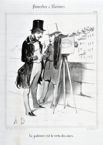 Konstverk av Honore Daumier (1808-1879). Charivari är från 1840: Serie PROVERBES ET MAXIMES "Tålamod är åsnornas dygd"" KONSTMUSEET - PALAIS LONGCHAMP, MARSEILLE av Honoré Daumier