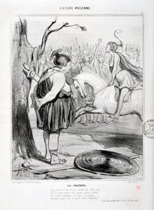 Konstverk av Honore Daumier (1808-1879) Charivari är från 1842: Serie HISTORIE ANCIE Les Amazones. ”” Vid dagens första eld, inför sin ädla drottning, sågs de tämja hästar fulla av iver. Och den unga vinnaren i mitten av arenan rece av Honoré Daumier