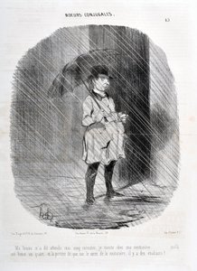 Konstverk av Honore Daumier (1808-1879). Charivari är från 1842: Serie MORES CONJUALES "" Min fru sa till mig vänta på mig fem minuter. Jag går upp till min couturiere för en timme för en kvart sedan och dörren säger att på torget i couturiere finns studen av Honoré Daumier