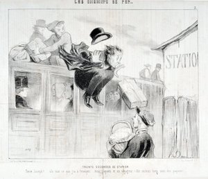Konstverk av Honore Daumier (1808-1879). Charivari är från 1843: Serie LES Chemins de fer Trettio sekunder från stationen "" -Tiens Joseph! vla allt jag har att skicka till dig... tre paket och en resenär - Framför allt sköta om paketen”” MUSEE DES BEAUX A av Honoré Daumier