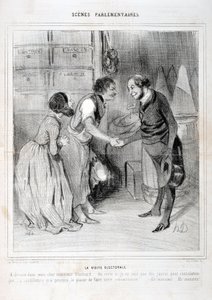 Konstverk av Honore Daumier (1808-1879). Charivari är från 1843: Serie SCENES PARLAMENTARY. Valbesöket. KONSTMUSEET - PALACE LONGCHAMP, MARSEILLE av Honoré Daumier