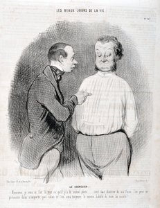 Konstverk av Honore Daumier (1808-1879). Charivari är från 1845: Serie LES BEAUX DAYS DE LA VIE. Blusen "" -Sir, jag gjorde dig till den bästa klädda... med en skjorta på mitt sätt kan du presentera dig själv i vilket vardagsrum som helst och vi kommer all av Honoré Daumier