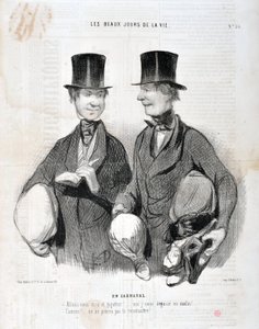 Konstverk av Honore Daumier (1808-1879). Charivari är från 1845: Serie LES BEAUX DAYS DE LA VIE. I Carnival "" -Låt oss skratta och gigotta! Jag kommer att bli besviken så smart! Känd! Vi kan inte känna igen dig...” MUSEUM OF FINE ARTS - PALACE LONGCHAMP,  av Honoré Daumier