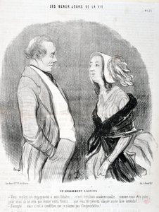 Konstverk av Honore Daumier (1808-1879). Charivari är från 1845: Serie LES BEAUX DAYS DE LA VIE. En konstnärs åtagande "Ni vill ha ett åtagande för min teater... det är mycket bra fröken... så vacker ni är för er blir det bara tolvhundra franc... det... av Honoré Daumier