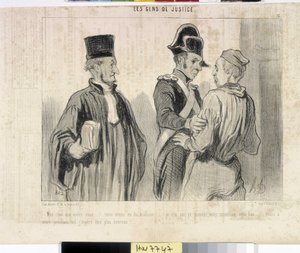 Konstverk av Honore Daumier (1808-1879). Charivari är från 1845: Serie LES PEANS DE JUSTICE. "" -Min kära vad vill du... vi hade olycka... Jag kunde inte bevisa din oskuld den här gången... men din nästa flygning hoppas jag bli lyckligare.""""" utdrag ur av Honoré Daumier