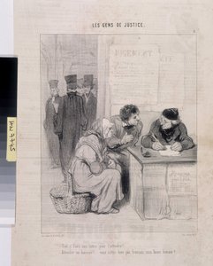 Konstverk av Honore Daumier (1808-1879). Charivari är från 1845: Serie LES PEANS DE JUSTICE. "Måste du skriva ett brev för att göra honom öm? - Att gå till en kronofogde! Är du inte fransman, min gode man?” Mått 37,5x28. Utdrag ur tidningen Le"" Charivari" av Honoré Daumier