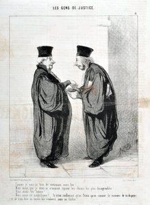 Konstverk av Honore Daumier (1808-1879). Charivari är från 1845: Serie LES PEOPLES DE JUSTICE "" -Som jag sa till dig, verkligen ditt faktum! Vi var vackra. Vi var vackra!... det är egentligen bara i Palais vi känner till sättet att argumentera och prata o av Honoré Daumier