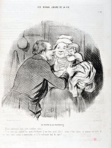 Konstverk av Honore Daumier (1808-1879). Charivari är från 1848: Serie Les beaux jours de la vie. Besöket hos sjuksköterskan - Låt oss kyssa pappa lilla barnet älskling - Han vill inte idag men oftast...”” KONSTMUSEET - PALACE LONGCHAMP, MARSEILLE av Honoré Daumier