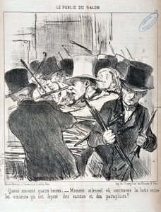 Konstverk av Honore Daumier (1808-1879). Charivari är från 1852: Serie LE PUBLIC DU SALON - "" När ljudet fyra timmar.- högtidligt ögonblick eller börjar kampen mellan besökare som har deponerat käppar och paraplyer"" MUSEE DES BEAUX ARTS - PALAIS LONGCHAM av Honoré Daumier